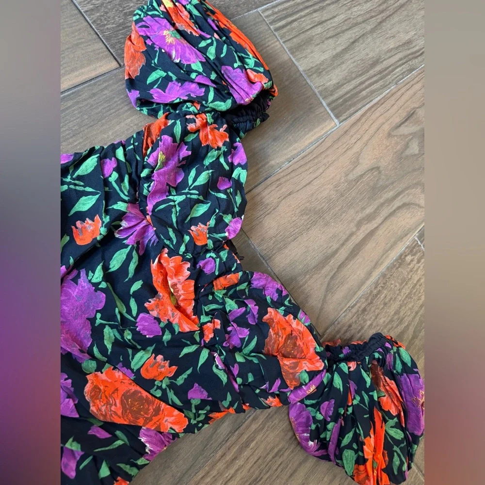 ZARA Floral Off the Shoulder Puff Sleeve Mini Ruched Dress - Picture 3 of 6